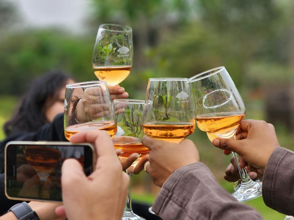 Rosé Wine Guide: Everything You Need to Know A group of people raising glasses of wine in a celebratory toast outdoors, captured on a smartphone.