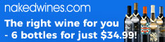 banner ad for nakedwines.com featuring five wines and the text: the right wine pairing for your sunday roast – 6 bottles for just $34.99! set on a blue background.