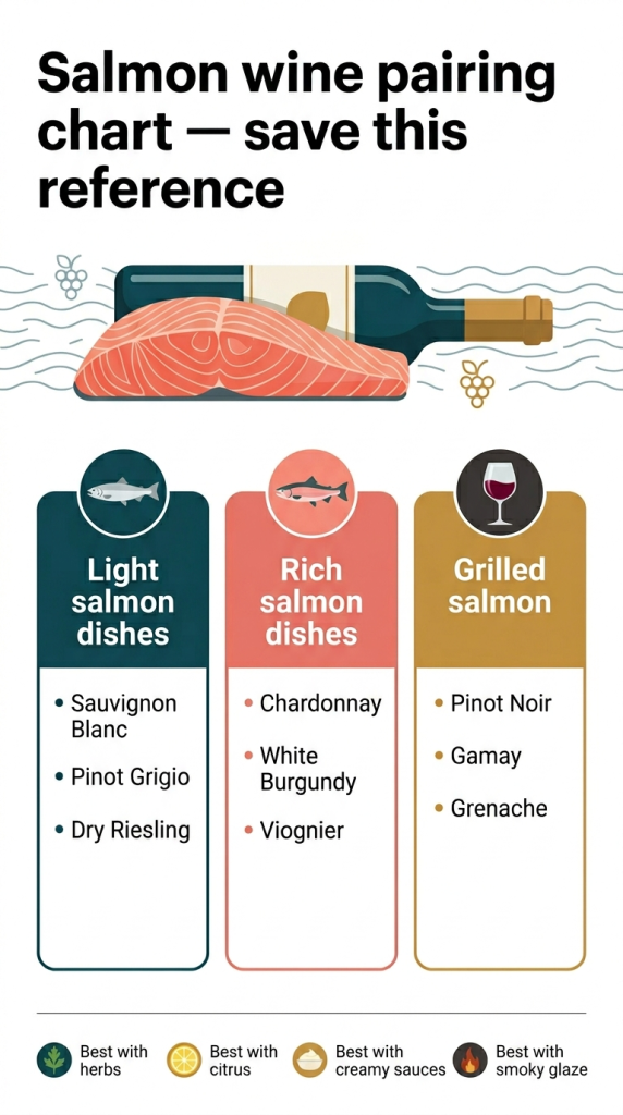 Wine and Salmon Pairing: The Complete Guide salmon wine pairing chart showing the best wine and salmon pairings for light dishes (sauvignon blanc, pinot grigio, dry riesling), rich dishes (chardonnay, white burgundy, viognier), and grilled salmon (pinot noir, gamay, grenache).