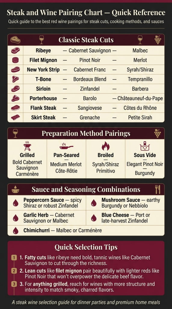 Wine and Steak Pairing: Best Bottles for Every Cut a wine and steak pairing chart showing the best wine for steak cuts, preparation methods, and sauces, with tips for enhancing flavors. includes icons and text in a maroon, gold, and black color scheme. find the perfect wine for every cut!.