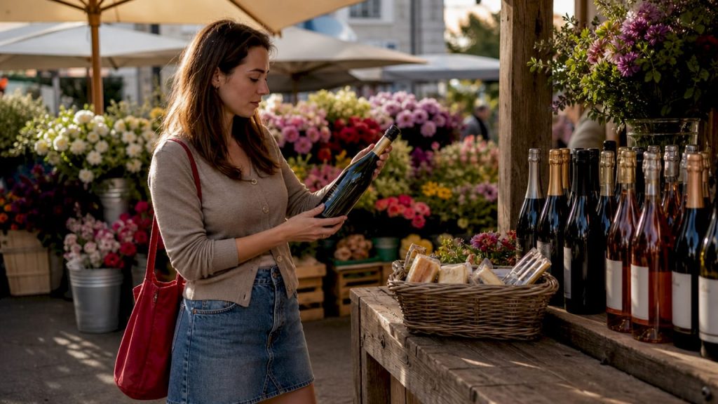 Woman choosing wine bottle in wine shop