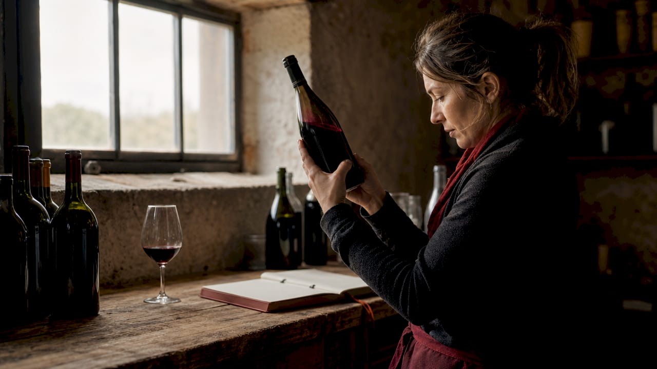 Sommelier analyzing wine bottle in tasting room