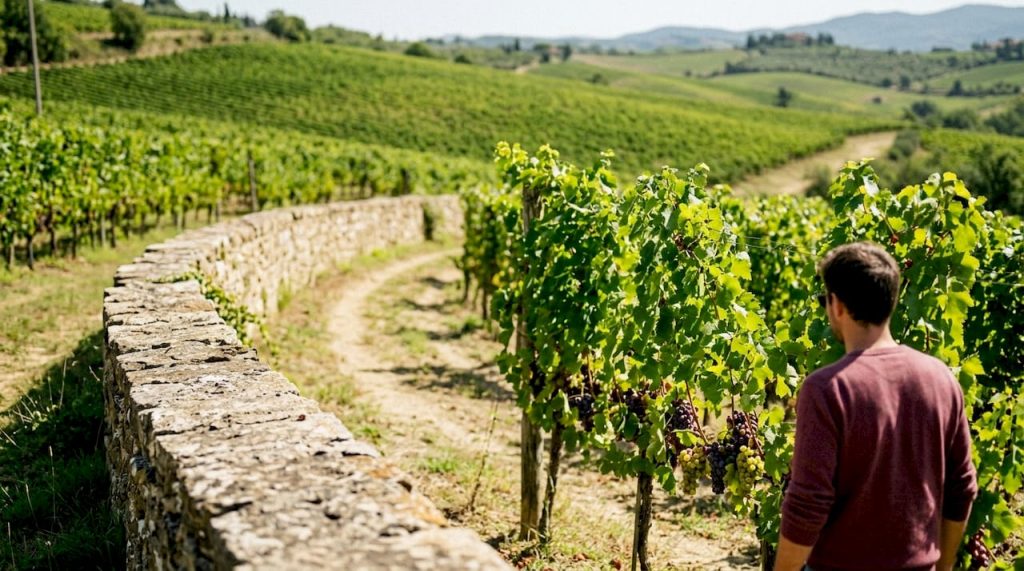 Panoramic vineyard landscape in golden hour light