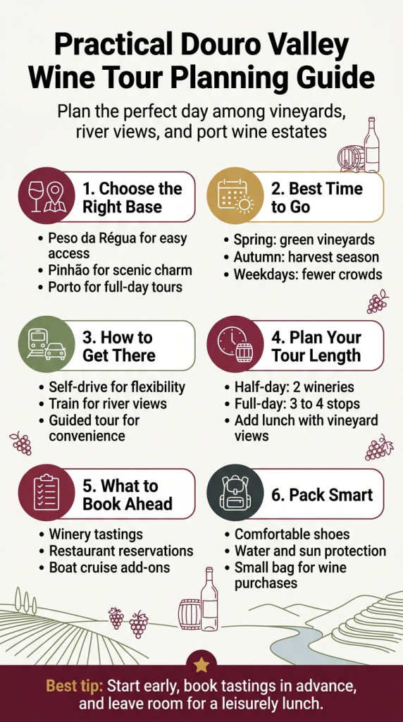 infographic titled practical douro valley wine tour planning guide, featuring six tips with icons and the best advice highlighted: start early, book tastings in advance, and leave room for a leisurely lunch on your douro valley wine tour.