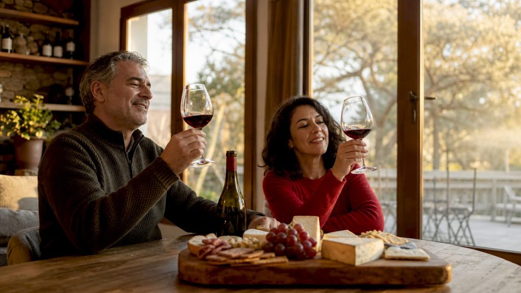 a man and woman sit at a wooden table, smiling and holding glasses of red wine—perfect for holiday hosting. in front of them is a platter with cheese, grapes, and crackers. large windows show a sunlit outdoor view.