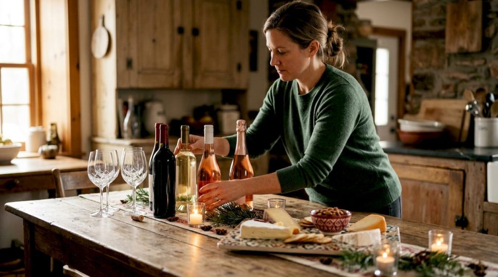 Best Wines for Holiday Hosting: Your 2026 Guide Woman arranging festive wine table for holiday hosting