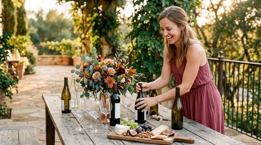 Woman selecting wine bottles for dinner party