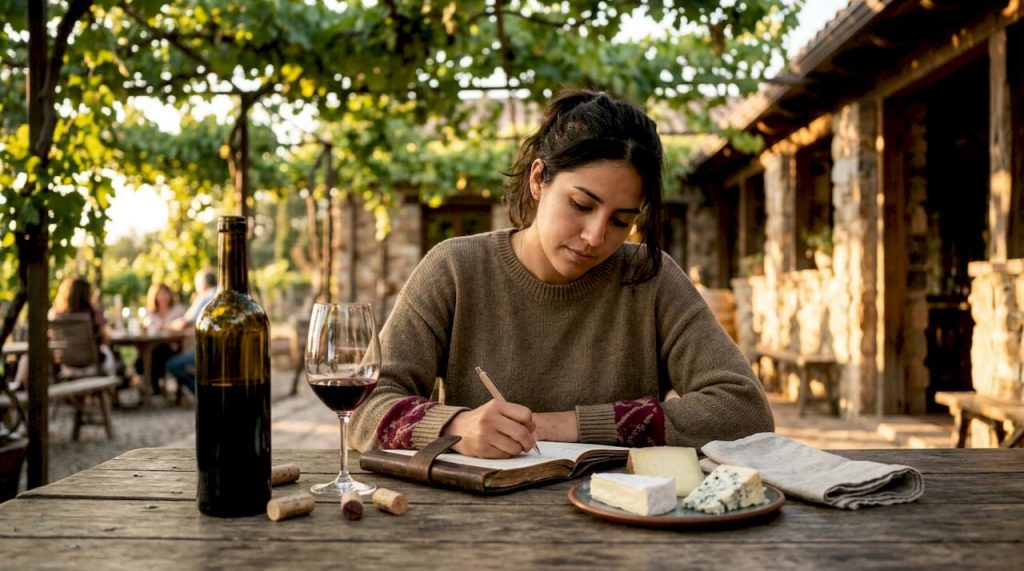 Person writing wine journal at home table