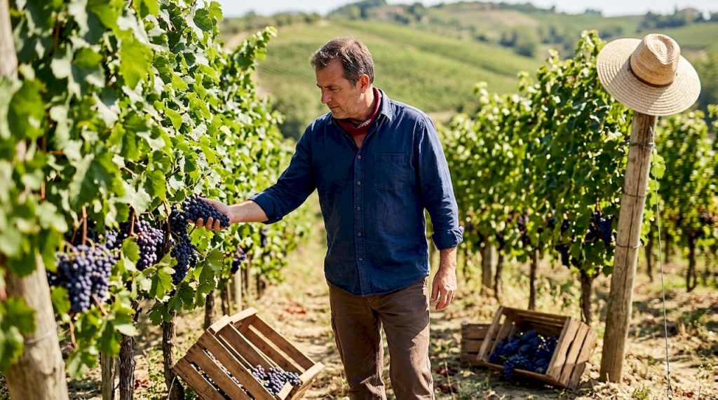 Vineyard manager inspecting grapes in vineyard