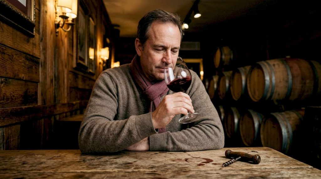 Man savoring wine in cozy cellar bar