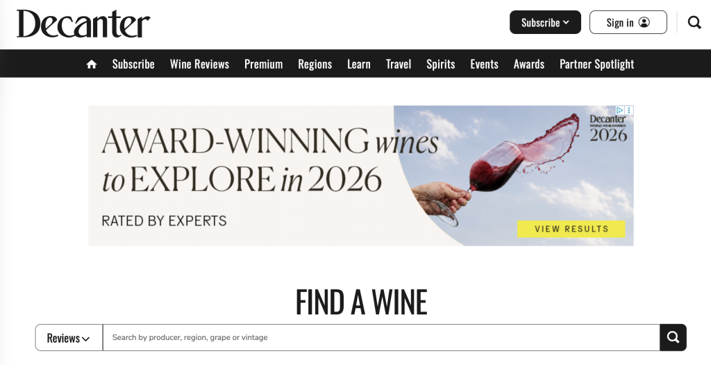 screenshot of the decanter website featuring a banner ad for “award winning wines to explore in 2026,” with an image of a hand swirling a glass of red wine. below, the page heading reads, “find a wine.” a great option among wineanorak.com alternatives.