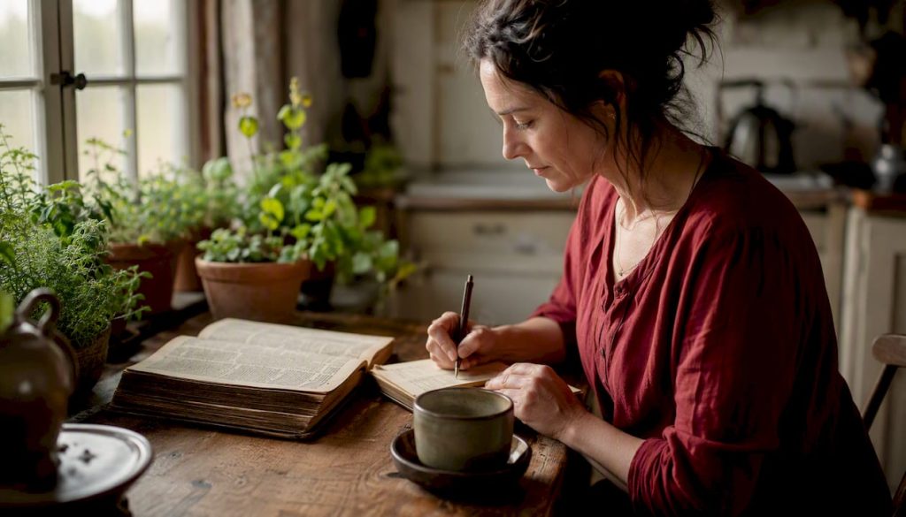 Woman researching terroir origin in library