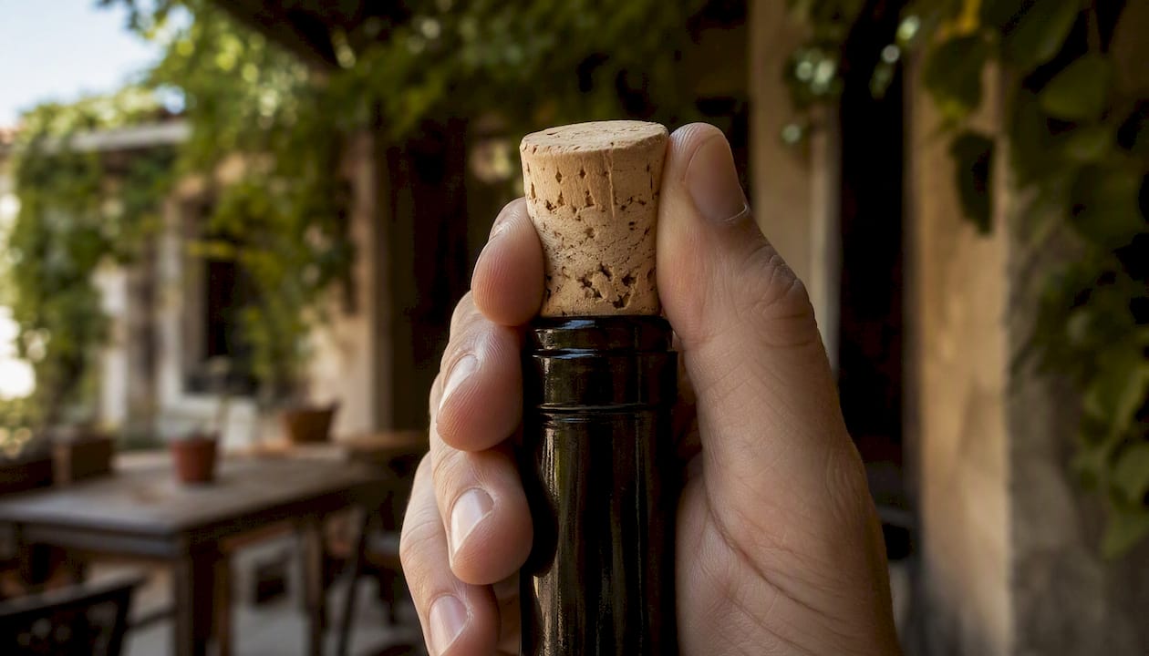 Natural wine cork stopper held by hand