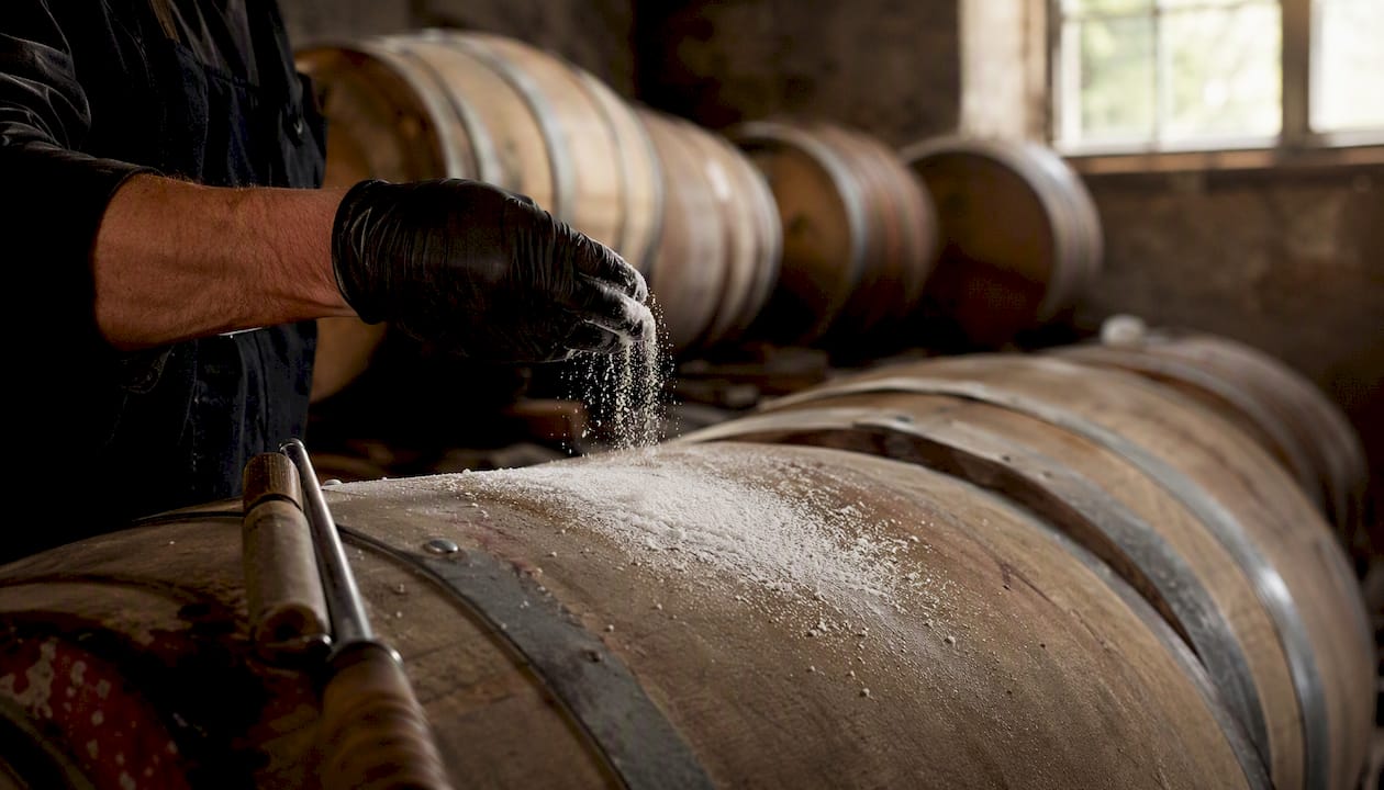 Wine Sulfites Explained: Safety, Labels, and Your Health Winemaker adding sulfite powder to barrel