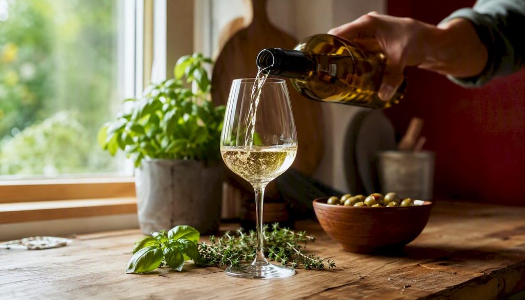 Hand pouring Sauvignon Blanc wine into glass