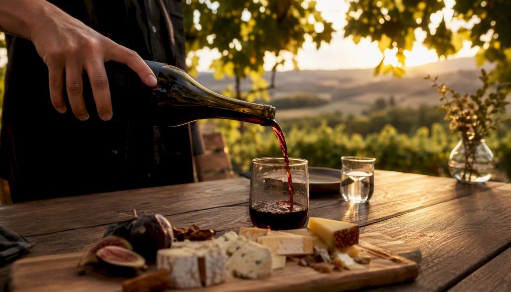 Red wine pouring at Walla Walla winery outdoor patio