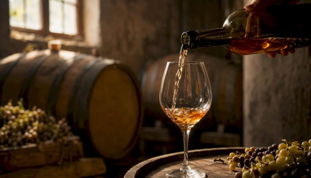 Pouring amber orange wine in cellar