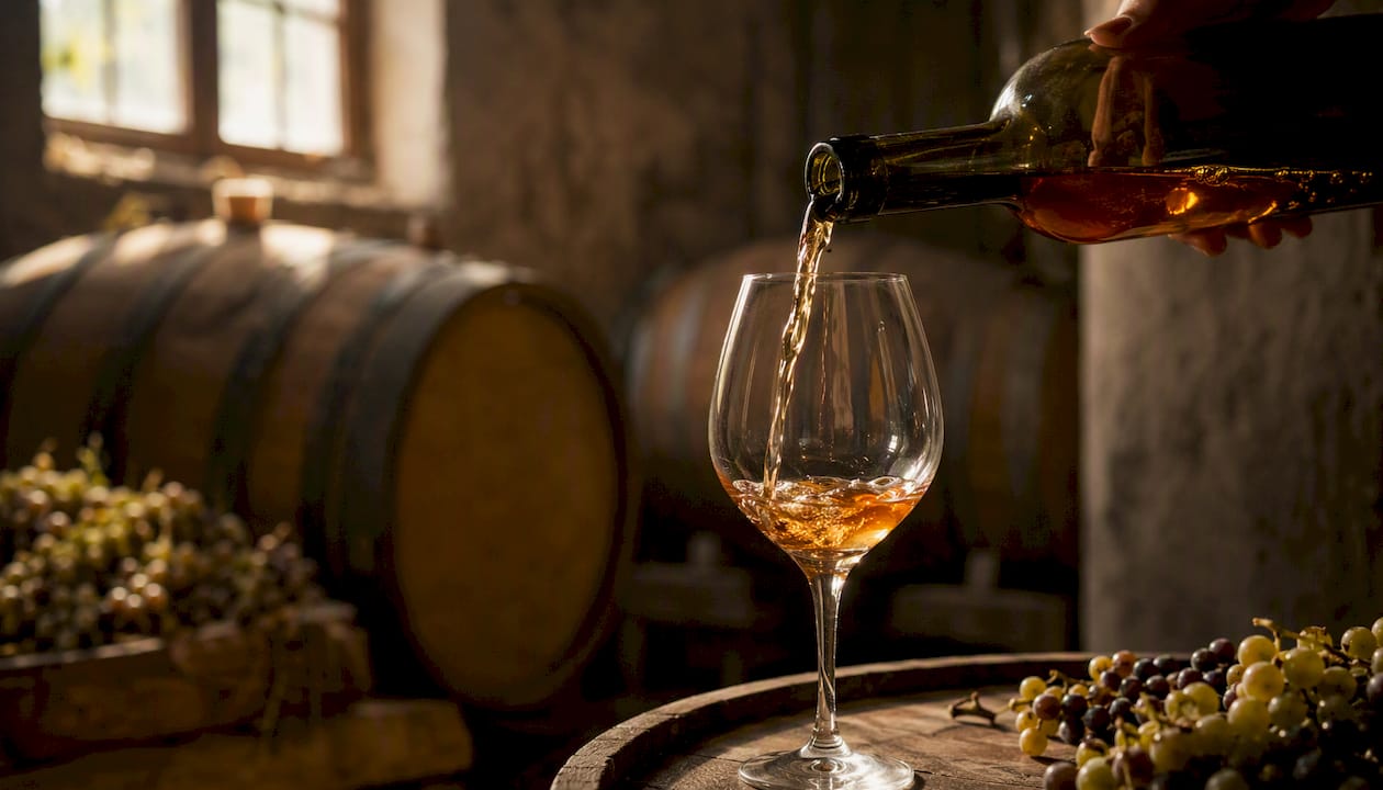 Pouring amber orange wine in cellar