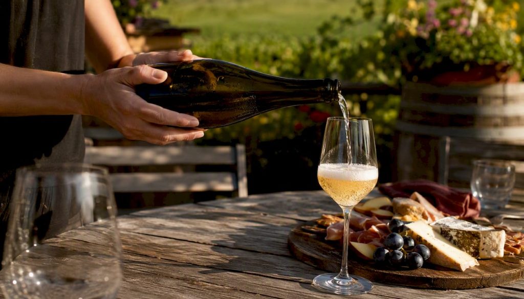 Pouring pétillant naturel wine with crown cap