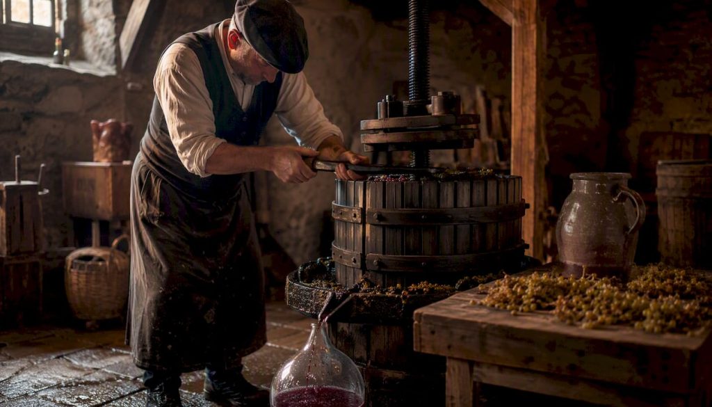 Winemaker pressing grapes in Champagne cellar
