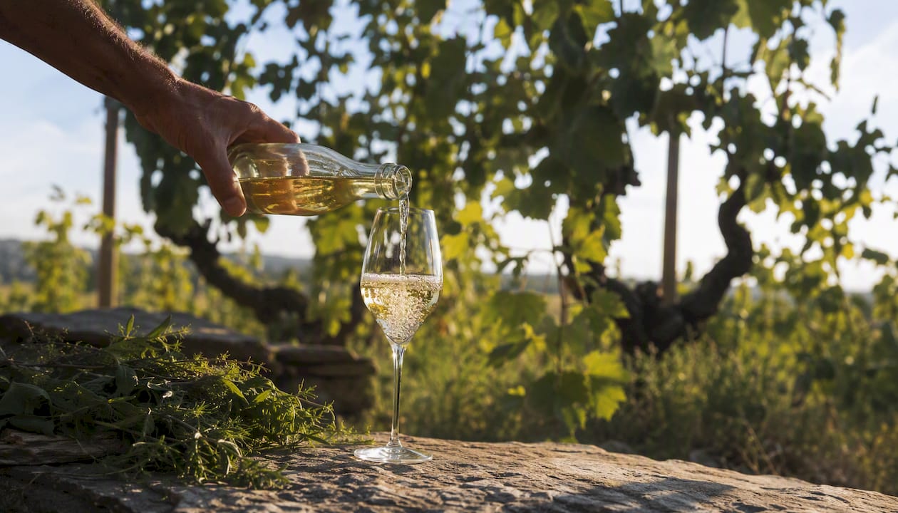 Pouring rare heritage Champagne grape wine