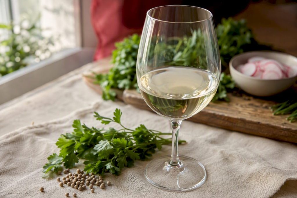 Glass of Grüner Veltliner with peppercorns and herbs